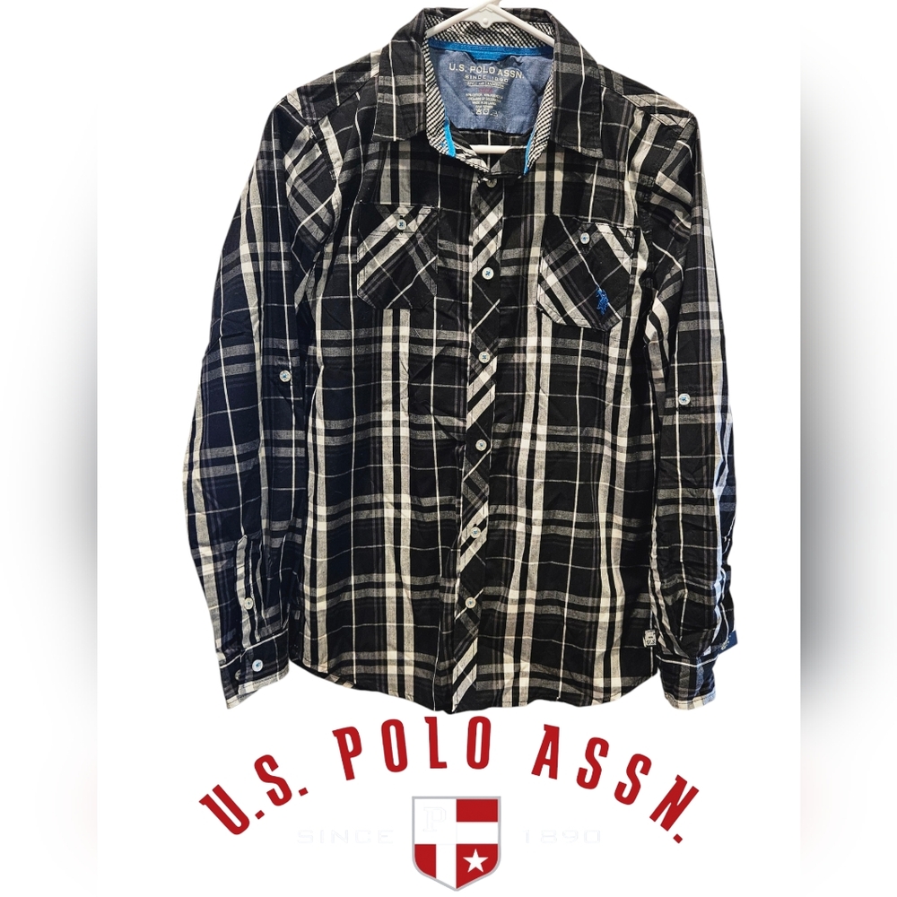 U.S. Polo Assn. Boy's Classic Fit Long Sleeve Plaid Button-Down Shirt, L (14-16)
